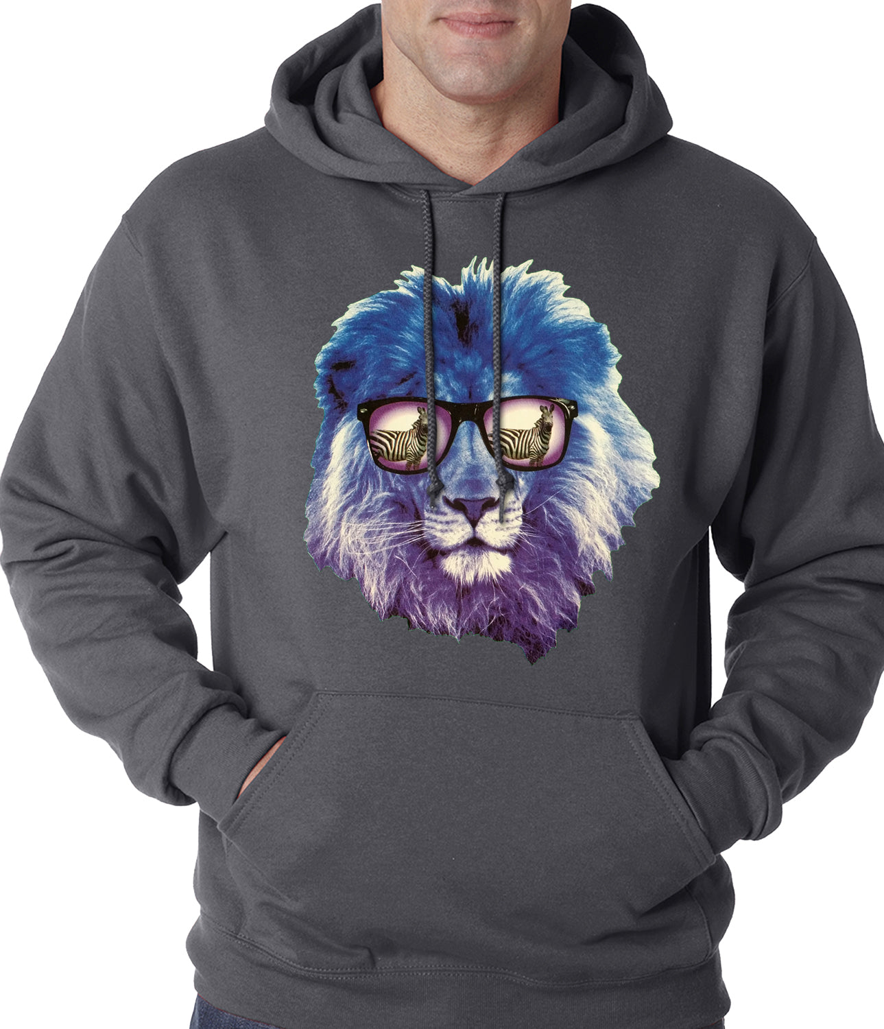Lion Wearing Sunglasses Looking at a Zebra Adult Hoodie