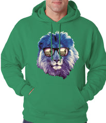 Lion Wearing Sunglasses Looking at a Zebra Adult Hoodie