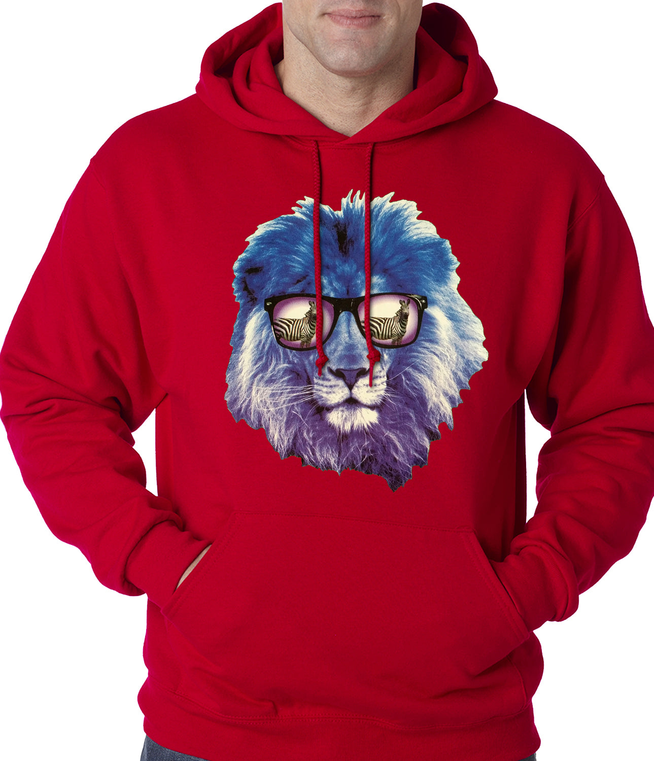 Lion Wearing Sunglasses Looking at a Zebra Adult Hoodie