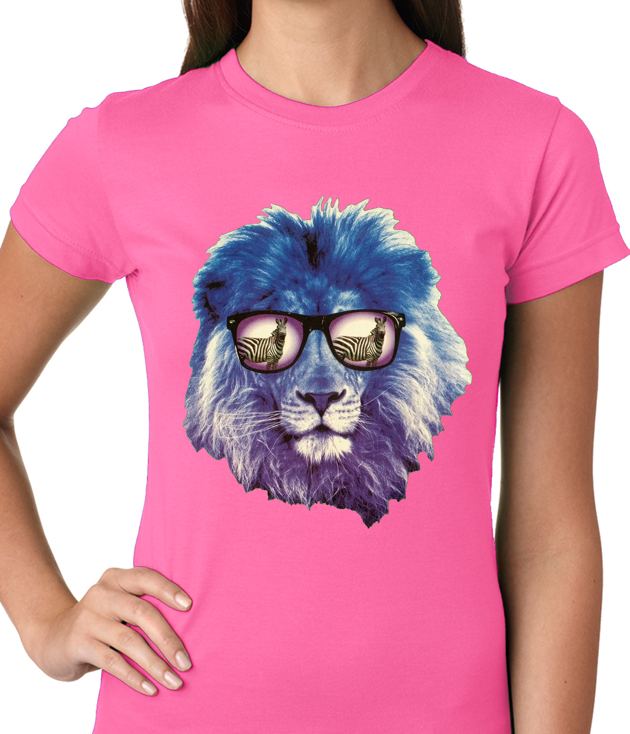 Lion Wearing Sunglasses Looking at a Zebra Ladies T-shirt