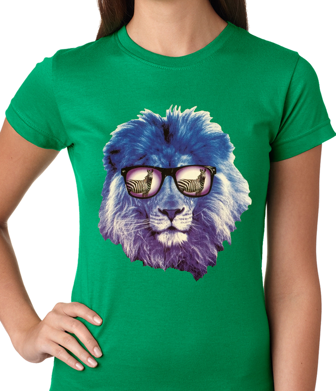 Lion Wearing Sunglasses Looking at a Zebra Ladies T-shirt