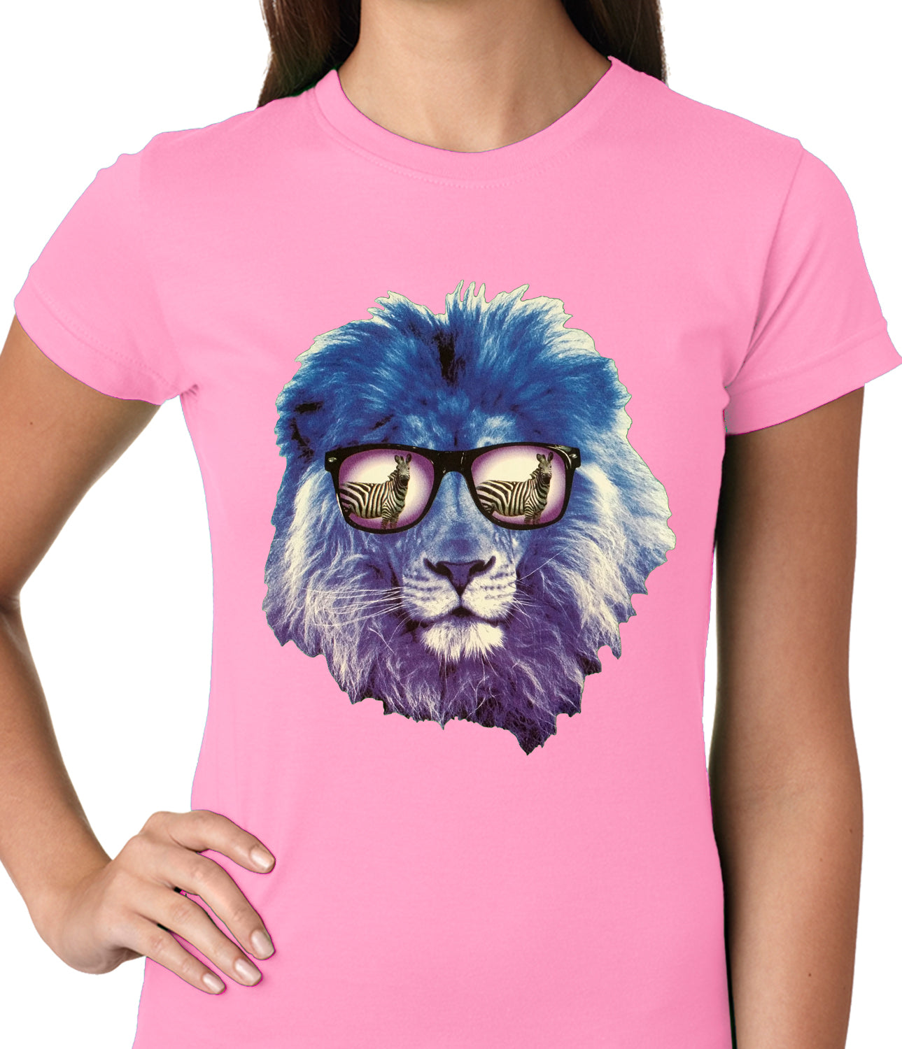 Lion Wearing Sunglasses Looking at a Zebra Ladies T-shirt