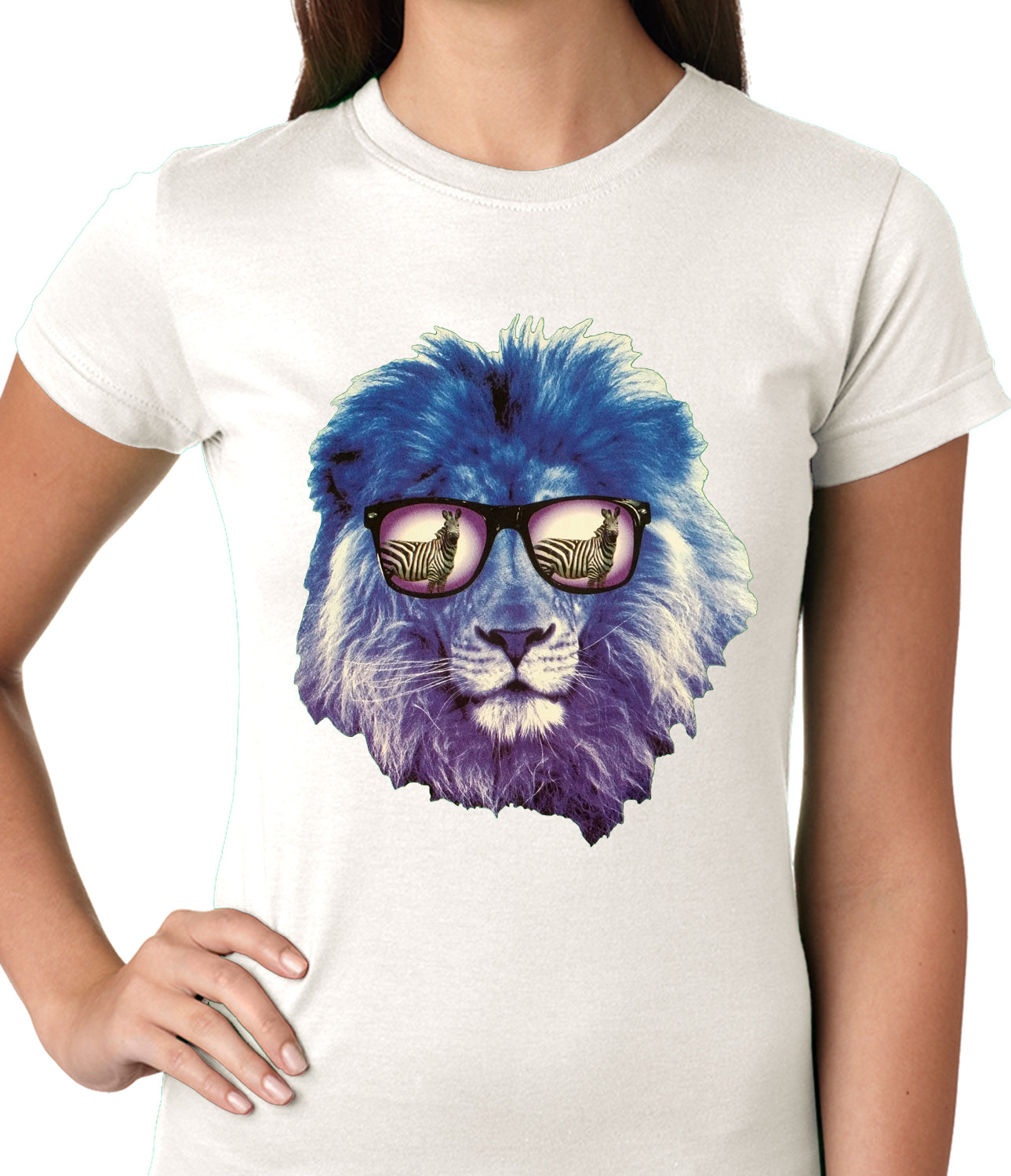 Lion Wearing Sunglasses Looking at a Zebra Ladies T-shirt