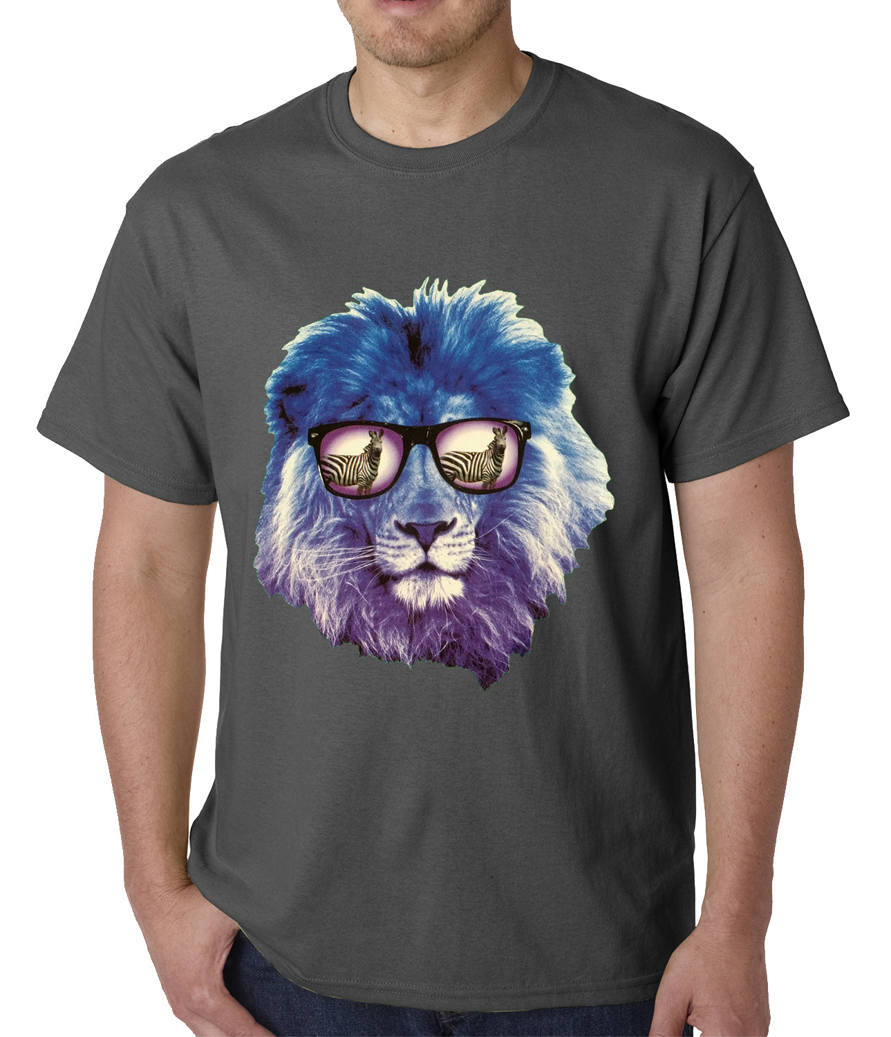 Lion Wearing Sunglasses Looking at a Zebra Mens T-shirt