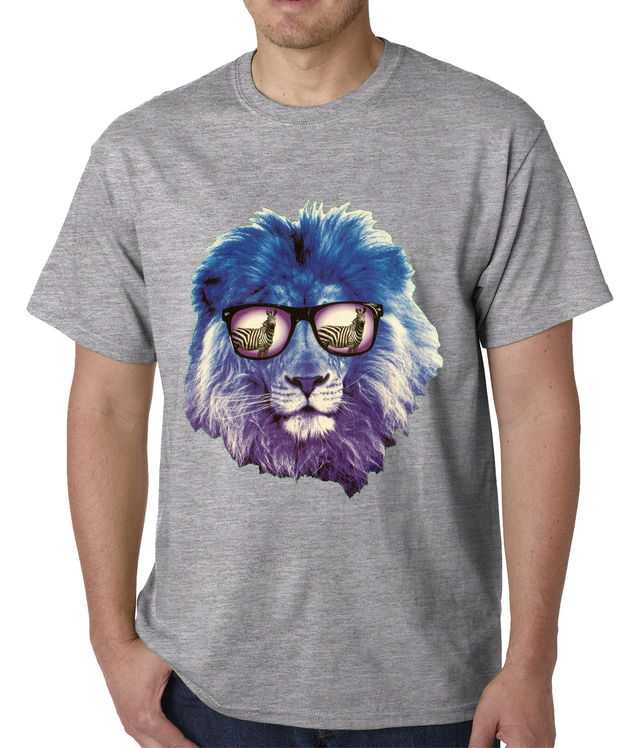 Lion Wearing Sunglasses Looking at a Zebra Mens T-shirt