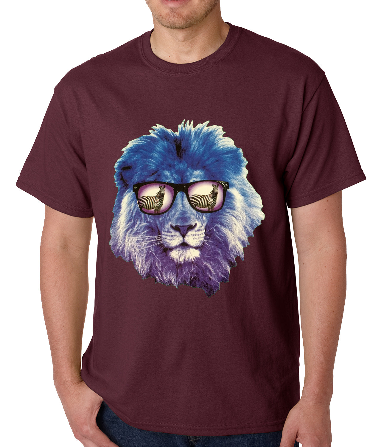 Lion Wearing Sunglasses Looking at a Zebra Mens T-shirt