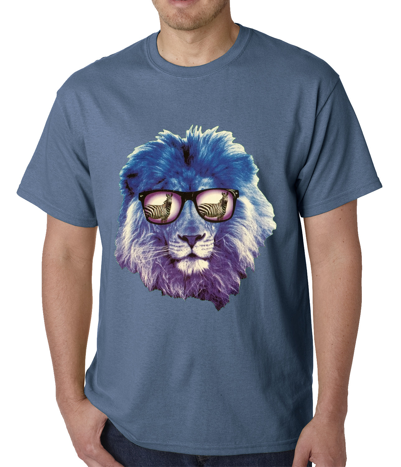 Lion Wearing Sunglasses Looking at a Zebra Mens T-shirt