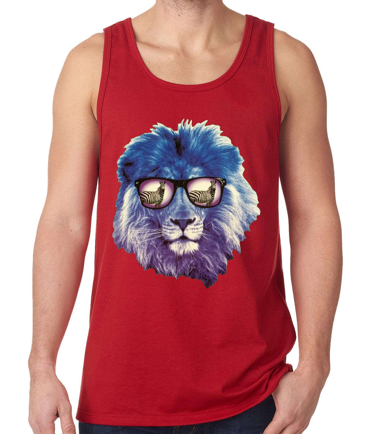 Lion Wearing Sunglasses Looking at a Zebra Tank Top