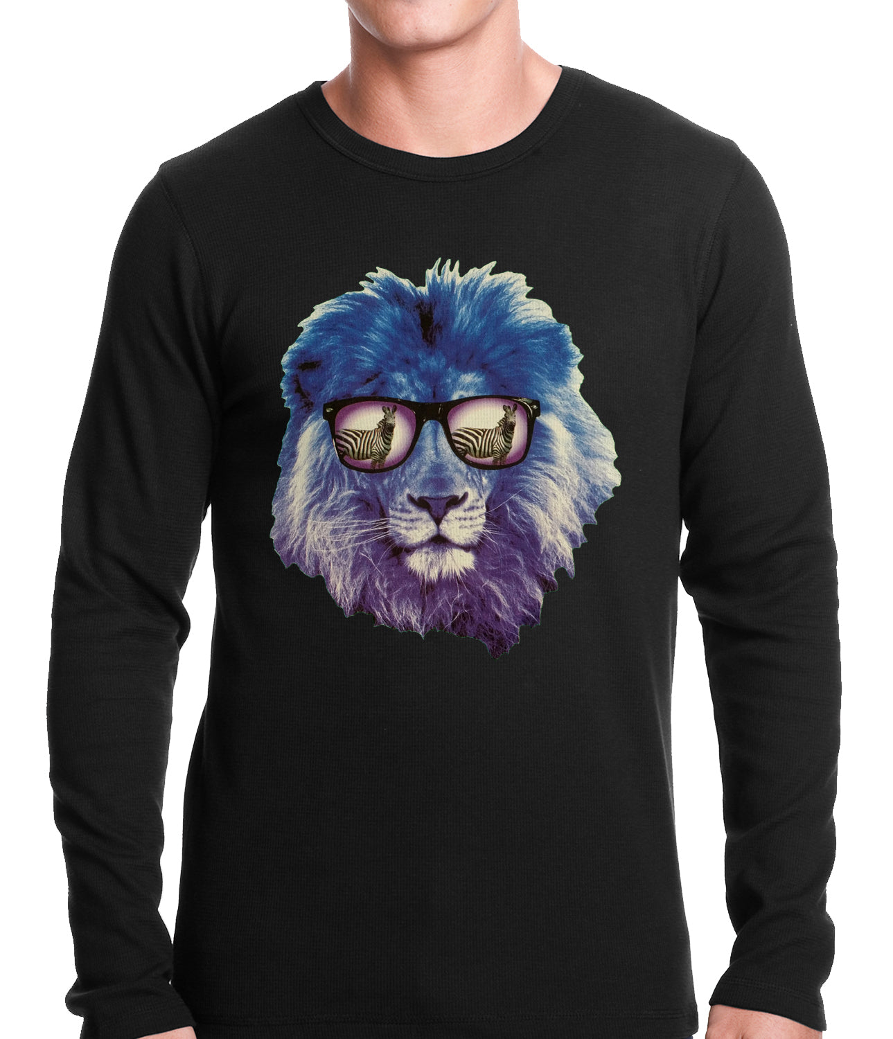 Lion Wearing Sunglasses Looking at a Zebra Thermal Shirt