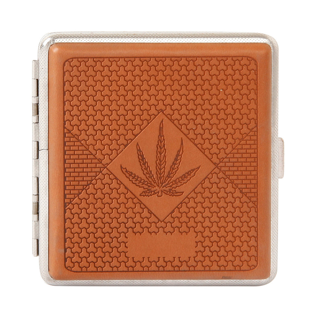 Marijuana Leaf Faux Leather Brown Cigarette Case for Regular Size Cigarettes