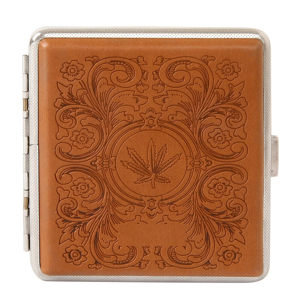 Marijuana Leaf Faux Leather Brown Cigarette Case for Regular Size Cigarettes