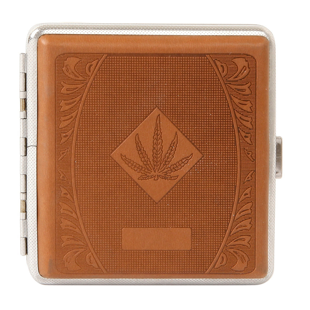 Marijuana Leaf Faux Leather Brown Cigarette Case for Regular Size Cigarettes