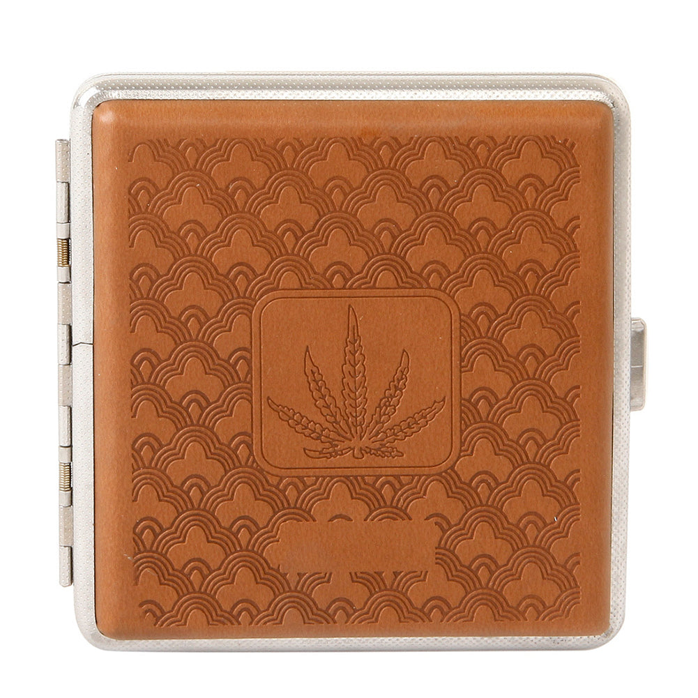 Marijuana Leaf Faux Leather Brown Cigarette Case for Regular Size Cigarettes