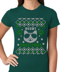 Meowy Christmas - “Cool Cat with Glasses” Ugly Christmas Ladies T-shirt