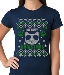 Meowy Christmas - “Cool Cat with Glasses” Ugly Christmas Ladies T-shirt