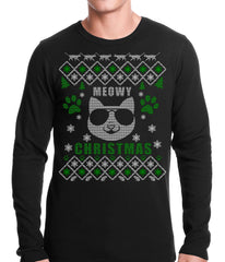 Meowy Christmas - “Cool Cat with Glasses” Ugly Christmas Thermal Shirt