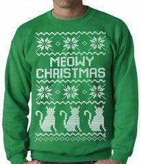 Ugly Christmas Sweater - Meowy Christmas (White Print) 3 Cats Ugly Christmas Adult Crewneck
