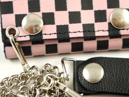 Pink Checkerboard Genuine Leather Chain Wallet