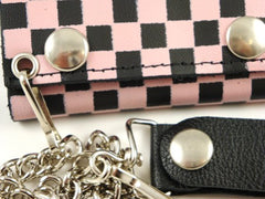 Pink Checkerboard Genuine Leather Chain Wallet