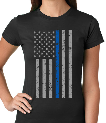 Police Thin Blue Line American Flag - Support Police Department Ladies T-shirt