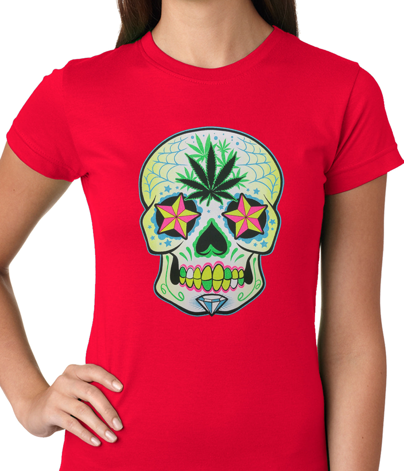 Pot Leaf Sugar Skull Ladies T-shirt