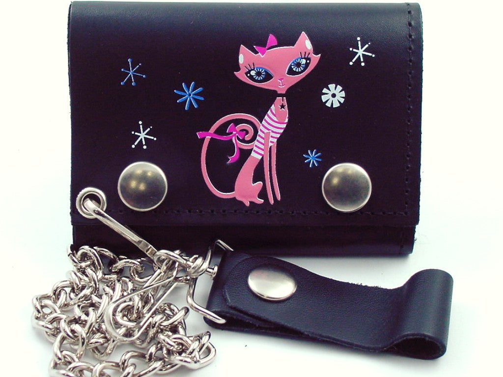 Pretty Pink Kitty Genuine Leather Chain Wallet