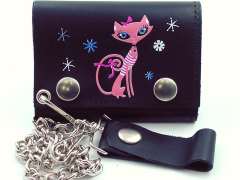 Pretty Pink Kitty Genuine Leather Chain Wallet 