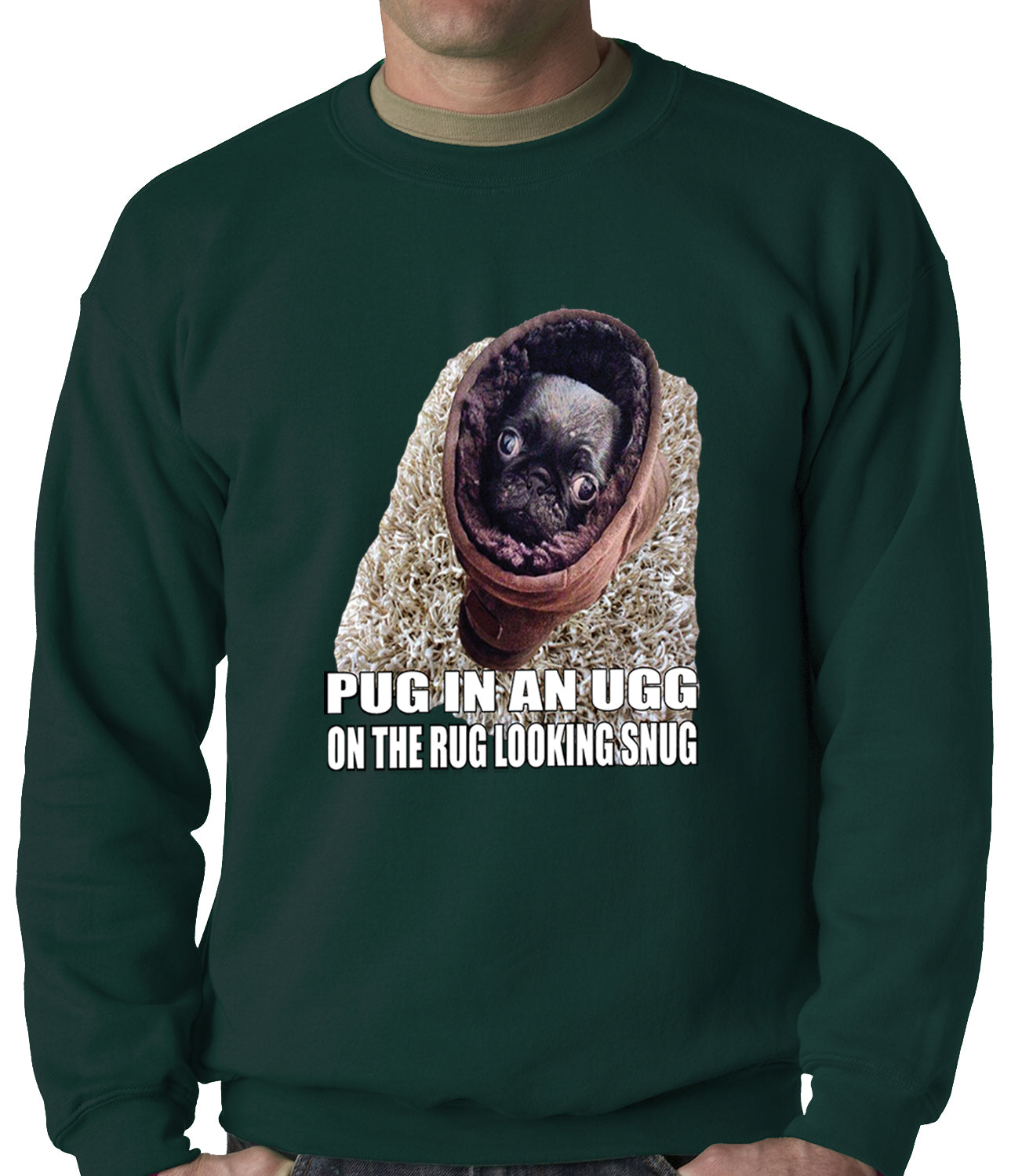 Pug In An Ugg On a Rug Looking Snug Adult Crewneck