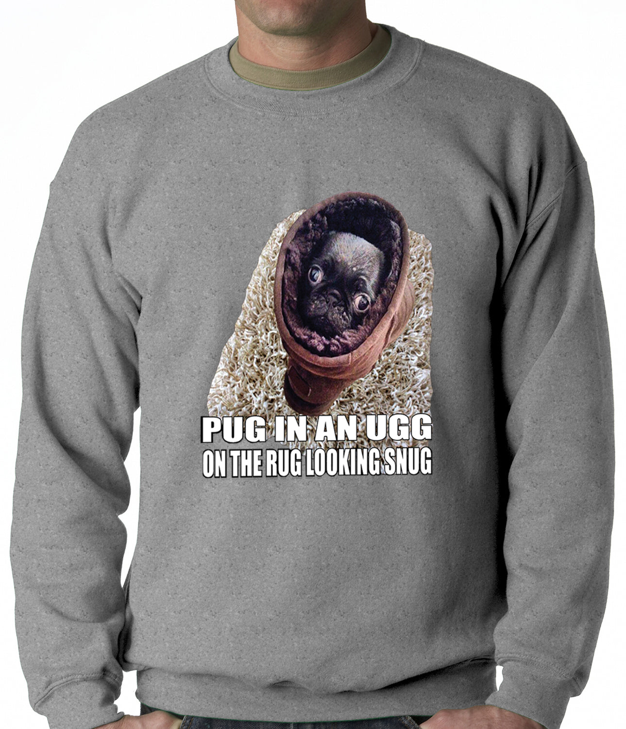 Pug In An Ugg On a Rug Looking Snug Adult Crewneck