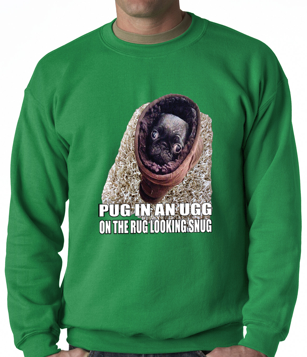 Pug In An Ugg On a Rug Looking Snug Adult Crewneck