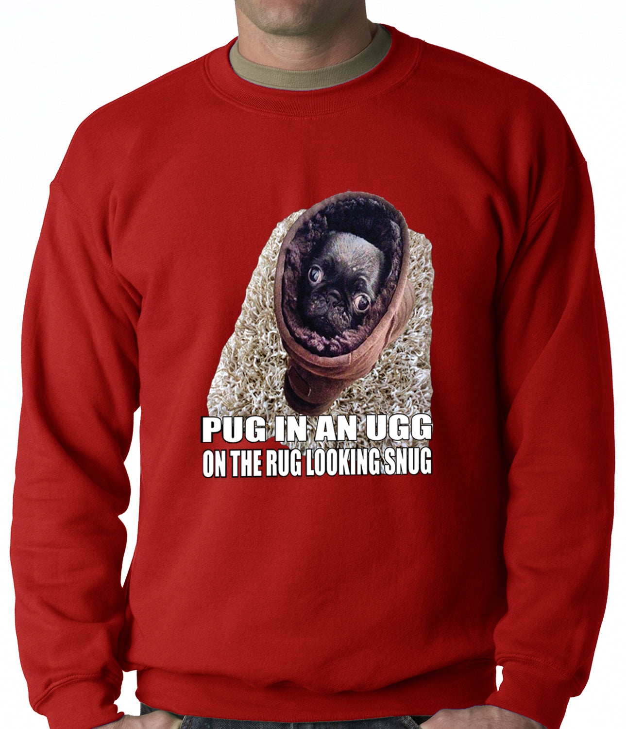 Pug In An Ugg On a Rug Looking Snug Adult Crewneck