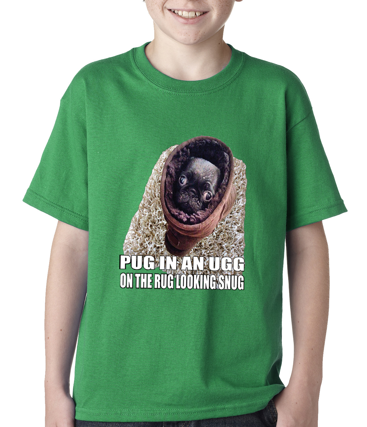 Pug In An Ugg On a Rug Looking Snug Kids T-shirt