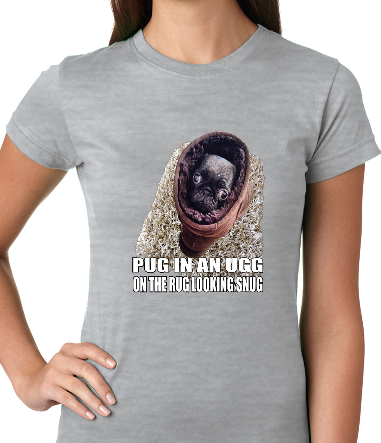 Pug In An Ugg On a Rug Looking Snug Ladies T-shirt