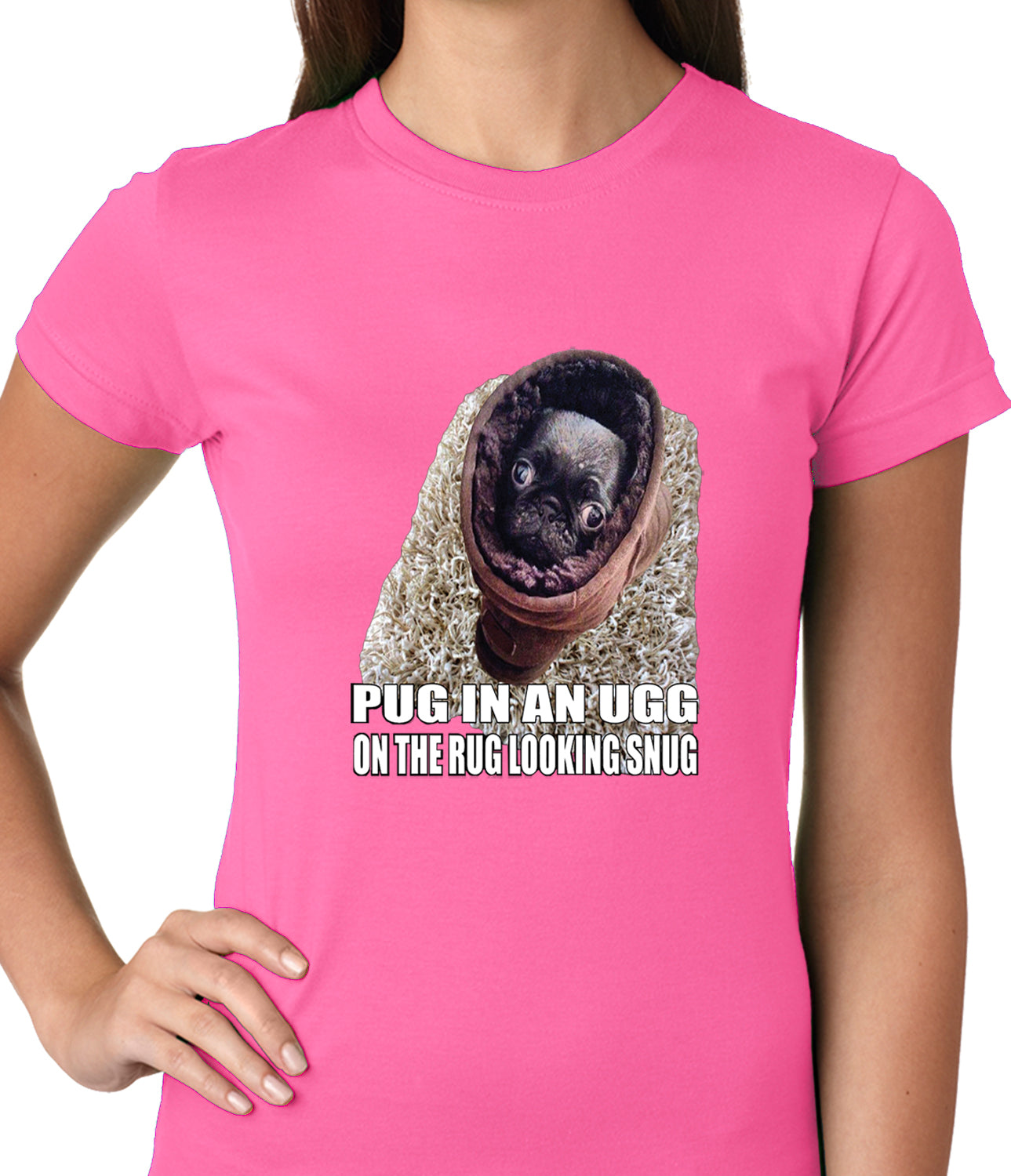Pug In An Ugg On a Rug Looking Snug Ladies T-shirt