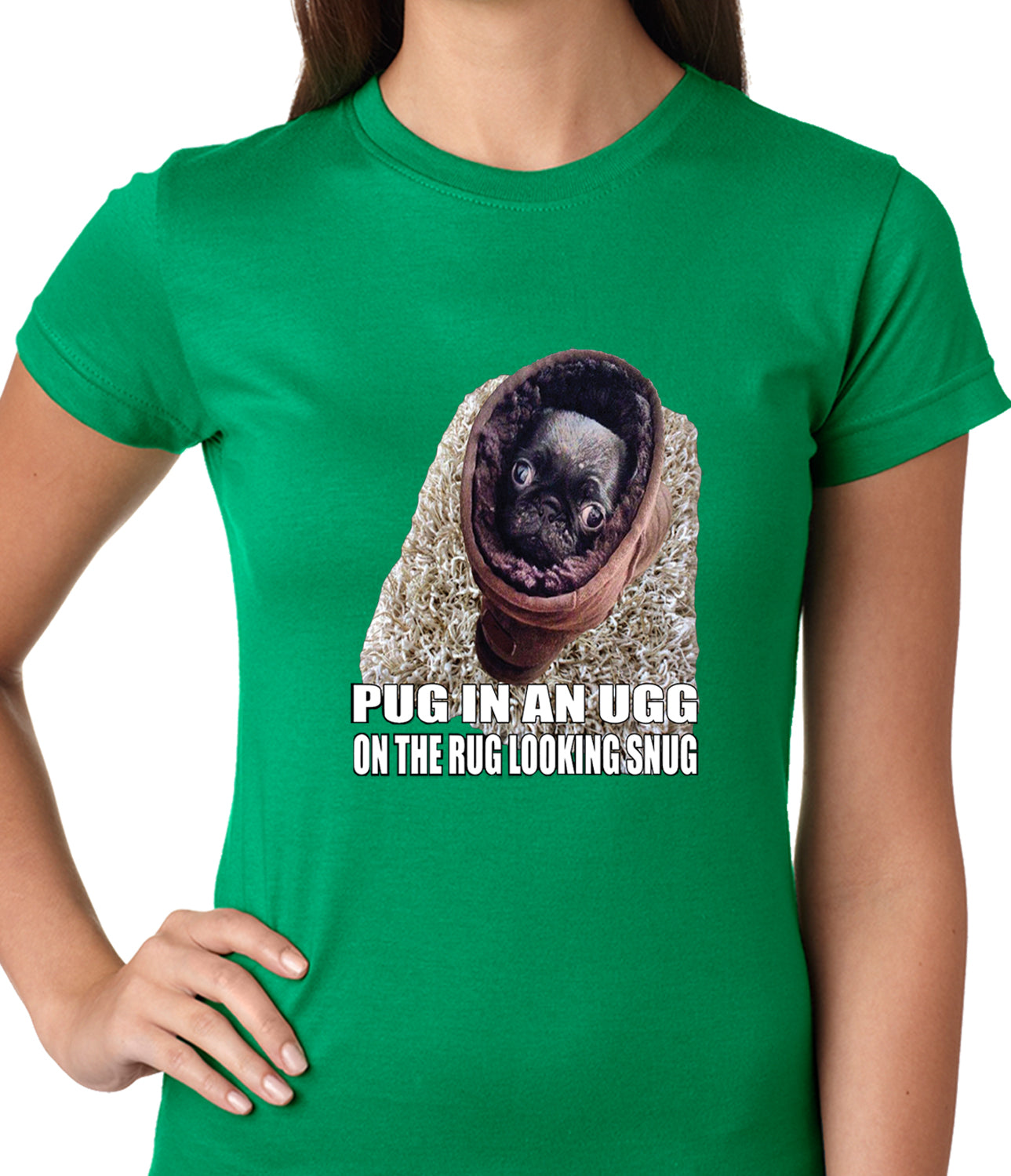 Pug In An Ugg On a Rug Looking Snug Ladies T-shirt