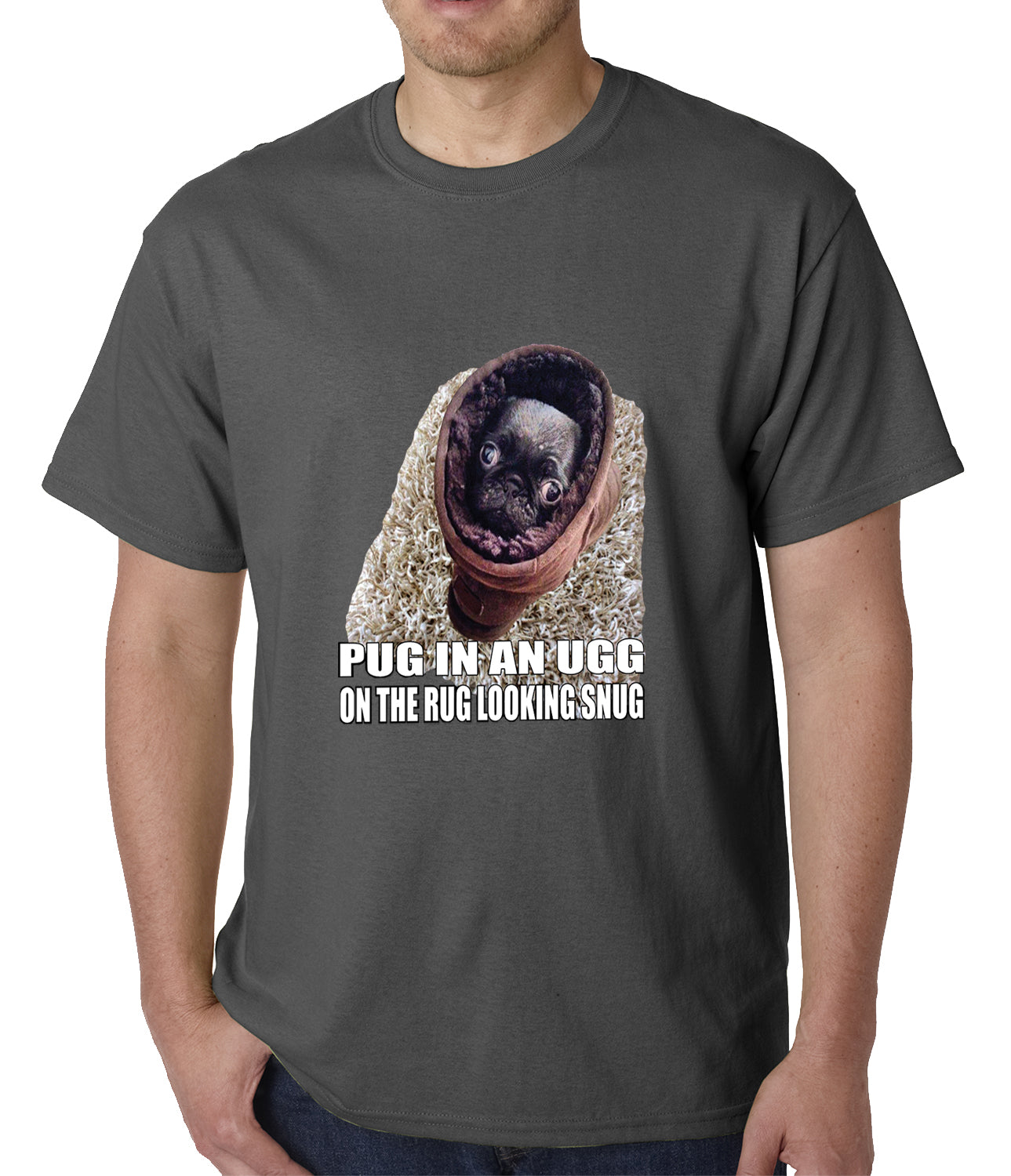 Pug In An Ugg On a Rug Looking Snug Mens T-shirt