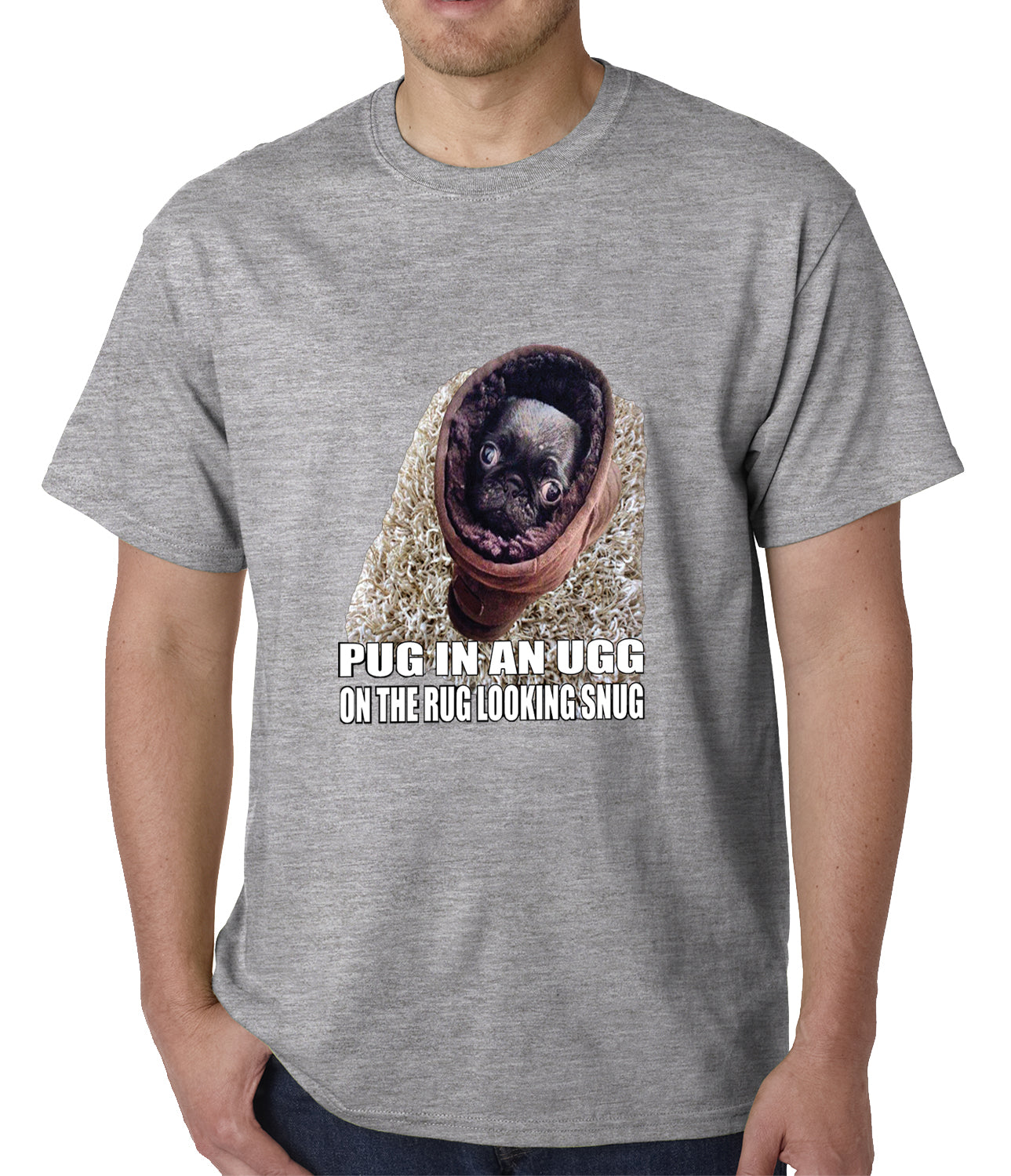 Pug In An Ugg On a Rug Looking Snug Mens T-shirt