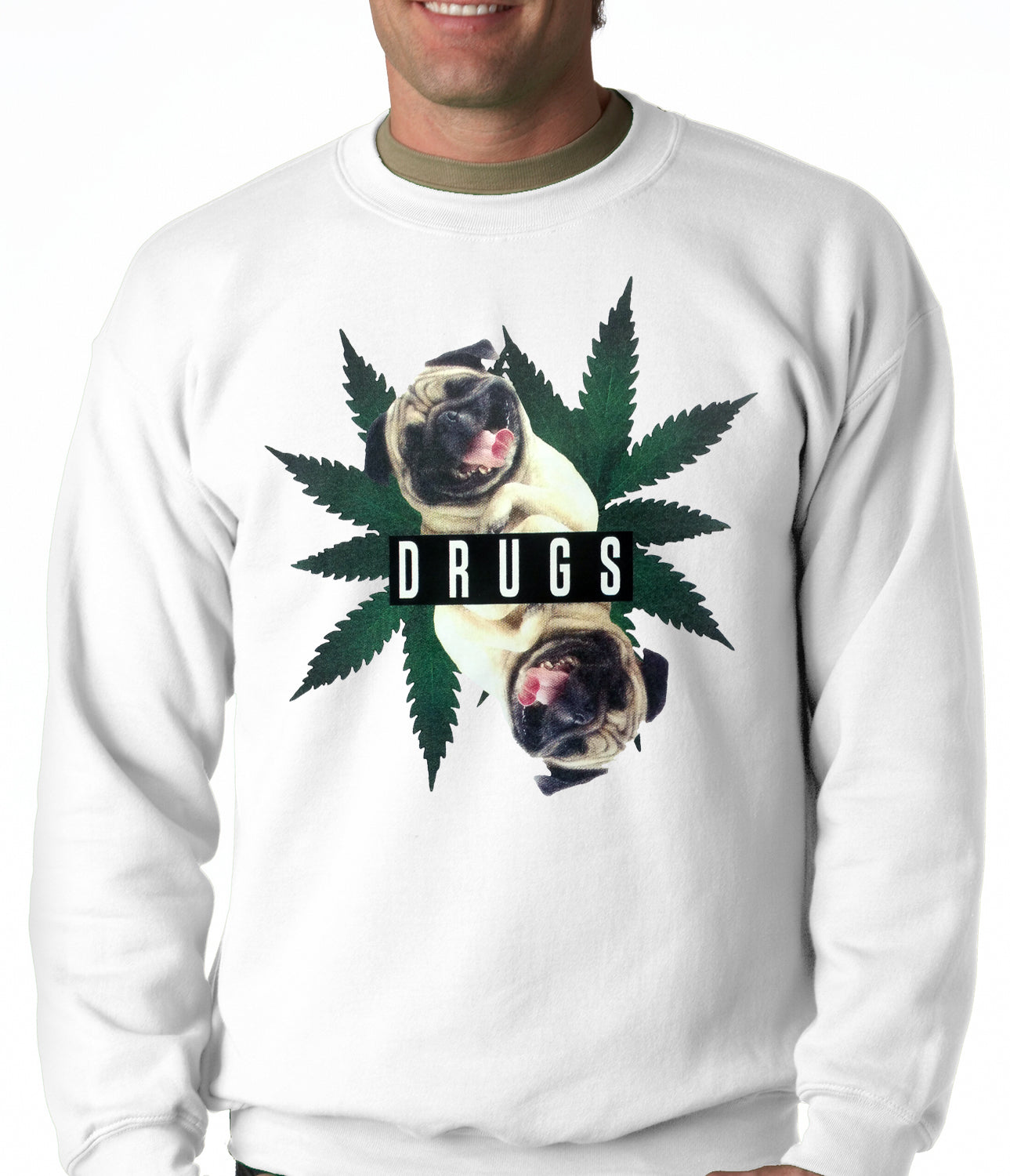Pugs and Drugs Pot Leaf Adult Crewneck