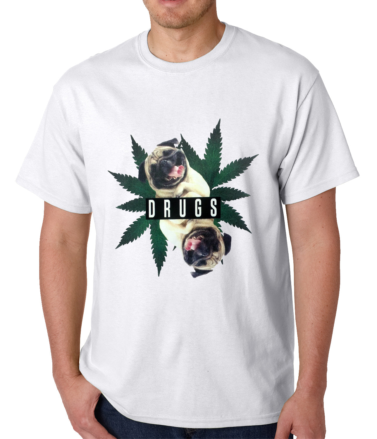 Pugs and Drugs Pot Leaf Mens T-shirt