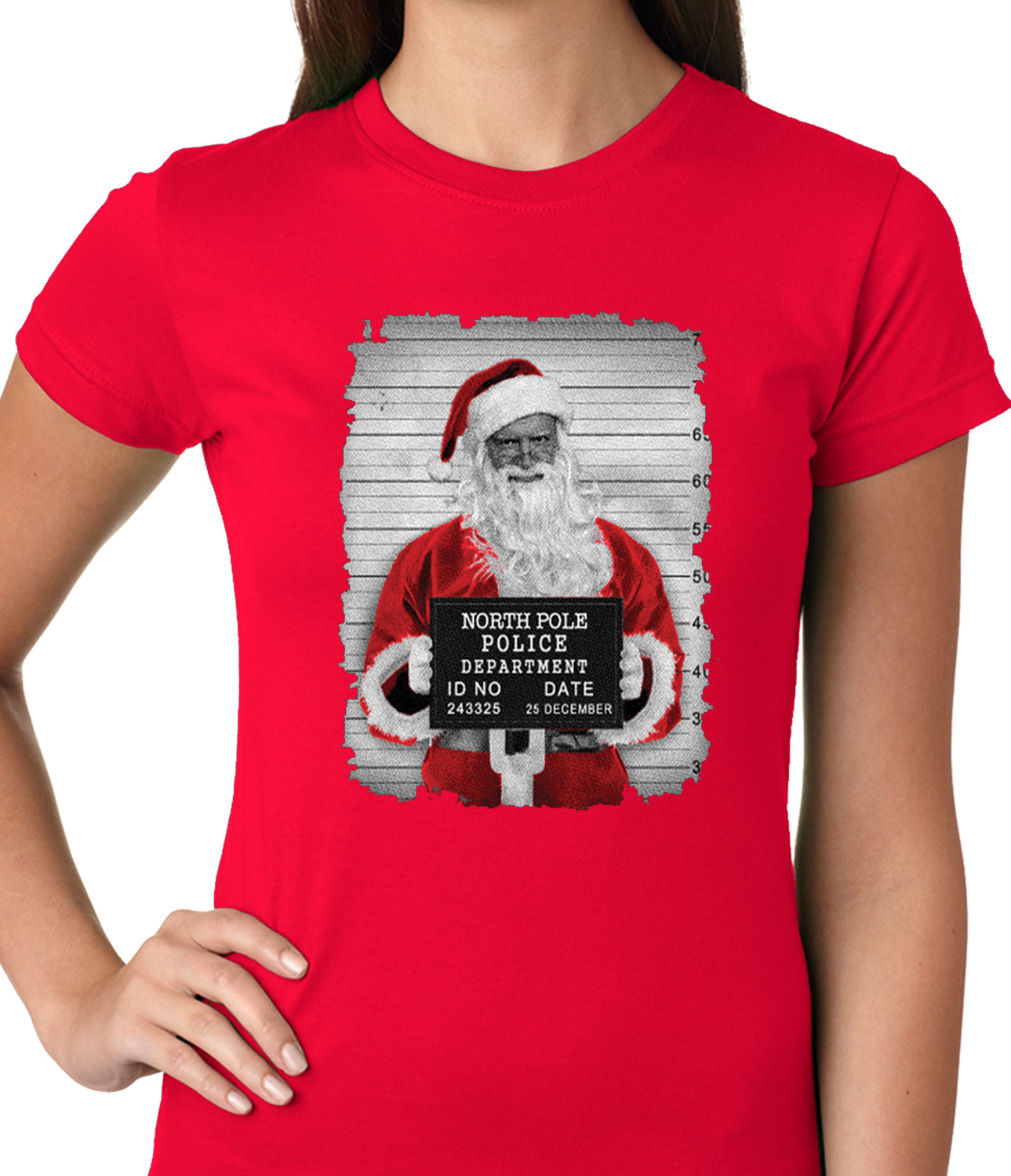 Santa Mug Shot Funny Ladies T-shirt