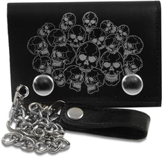 Genuine Leather Chain Wallet with Silver Skull Heads