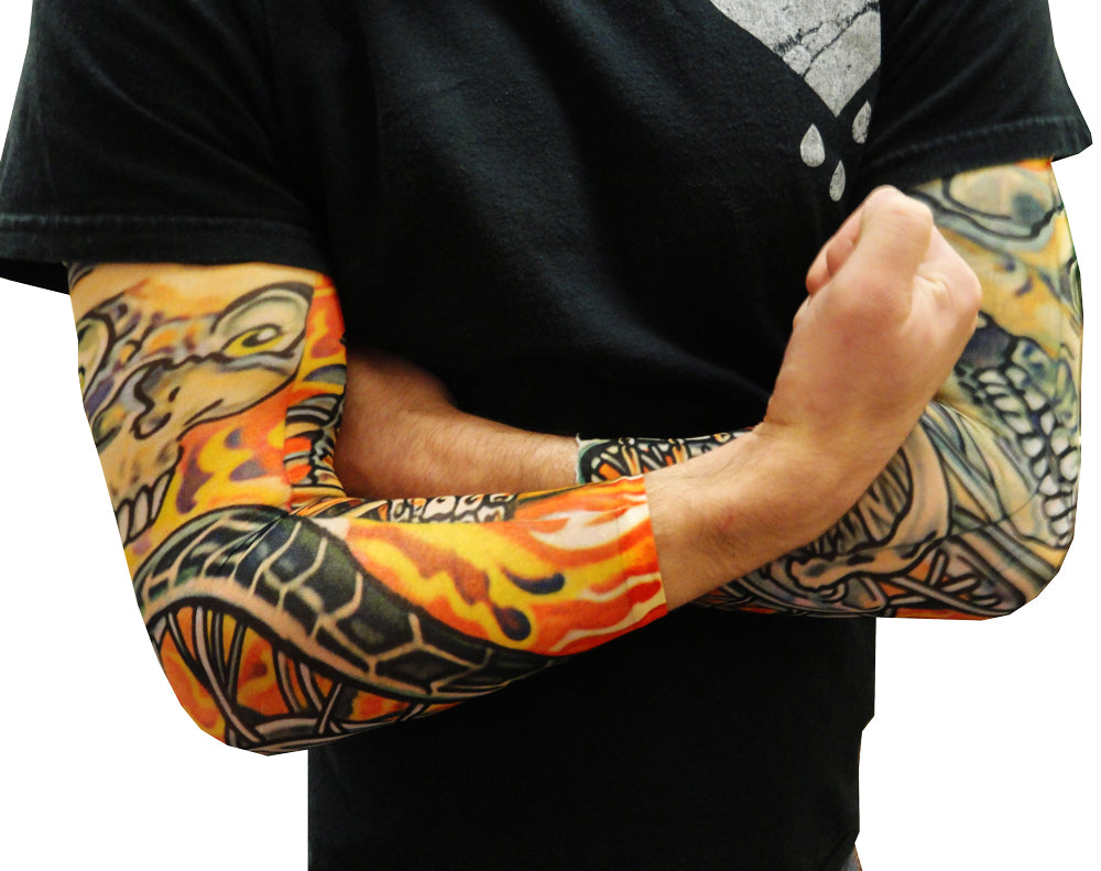 Skull And Flames Biker Fake Tattoo Sleeves (Pair)