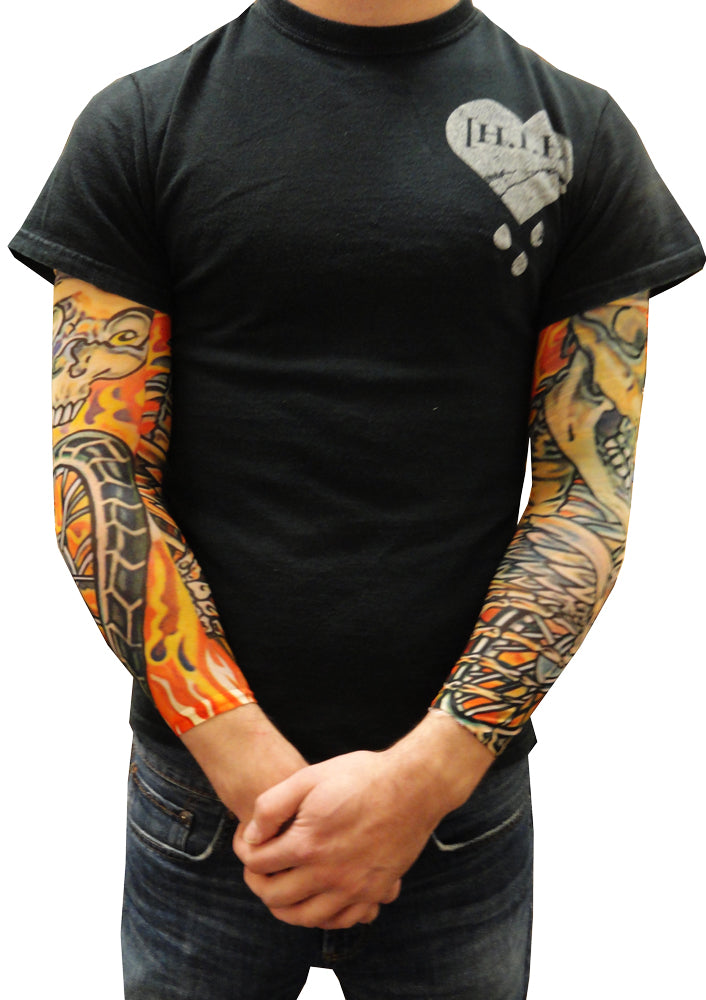 Skull And Flames Biker Fake Tattoo Sleeves (Pair)