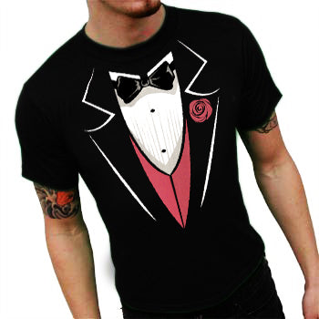 Tuxedo T-Shirts - Mens Tuxedo T-Shirt with Pink Vest and Flower (Black)