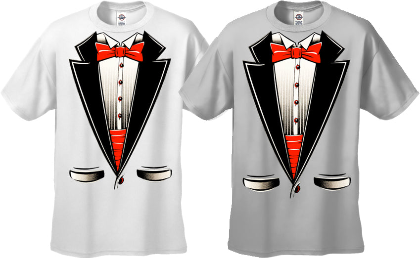 Tuxedo T-Shirts - Mens Tuxedo T-Shirt with Red bow tie and Cummerbund