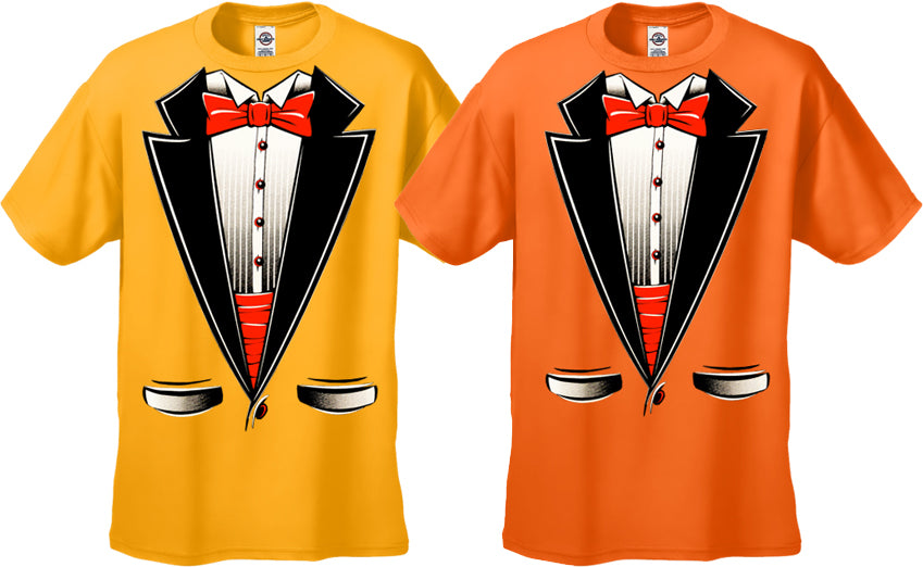 Tuxedo T-Shirts - Mens Tuxedo T-Shirt with Red bow tie and Cummerbund