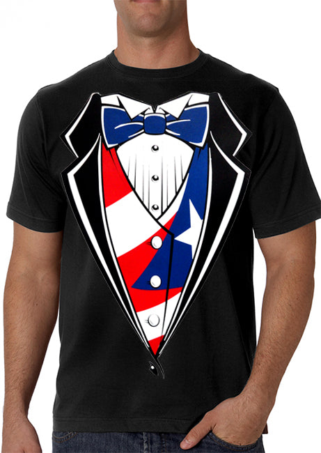 Tuxedo T-Shirts- Puerto Rican Flag Tuxedo T-Shirt With Vest & Bowtie
