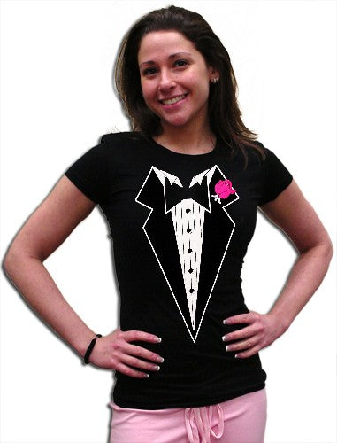 Tuxedo T-Shirts -Tuxedo With Pink Flower T-Shirt in Juniors and Womens Sizes (Black)