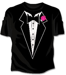 Tuxedo T-Shirts -Tuxedo With Pink Flower T-Shirt in Juniors and Womens Sizes (Black)