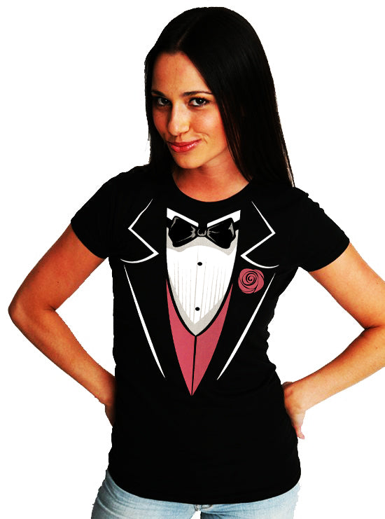 Tuxedo T-Shirts - Tuxedo With Pink Vest And Flower Girl's T-Shirt (Black)
